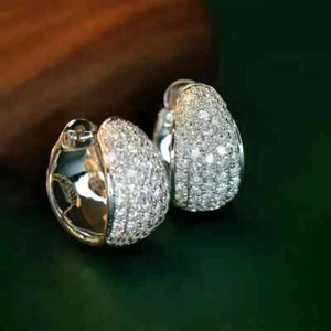 2Ct Round Lab Created Diamond Women Huggie Hoop Earring 14k White Gold Plated - Picture 1 of 7