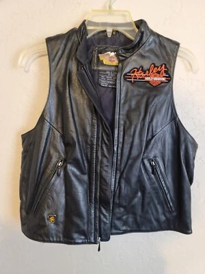 Chaleco Harley Davidson Mujer Cuero Genuino MEDIANO Negro Cremalleras Bolsillos COMO NUEVO  Foto 1 de 4