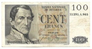 1958 BELGIUM 100(CENT) FRANCS  VERY FINE  BANKNOTE - P129c - FREE SHIPPING - Picture 1 of 2
