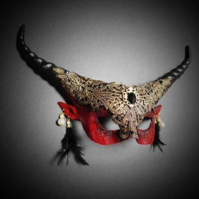 Red Ram Masquerade Mask Cosplayer Headpiece Halloween Costume Cosplay Ram Horns - Image 1 of 2