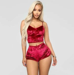 2PCS Glitter Velvet set Women Sexy Lingerie Nightwear Sleepwear Babydoll - Picture 1 of 9