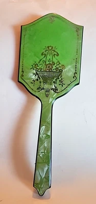 Vintage Celluloid Hand Mirror Pearlescent Green Gold Art Deco Style Vanity Acces - Image 1 of 4