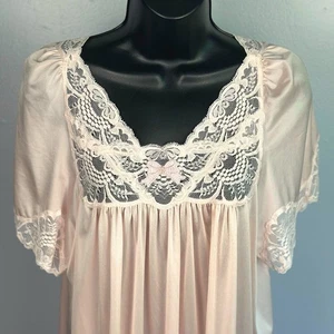 Vintage Shadowline Pink Nylon Nightgown Bow Lace Trim Cottagecore Lingerie L - Picture 1 of 6