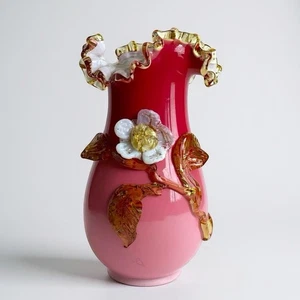 Stevens & Williams Peachblow w Applied Floral Vase, Antique Victorian Glass Pink - Picture 1 of 7