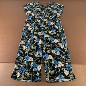 Kensie Women's Large Black Floral Linen Blend V Neck Cropped Jumpsuit New *Flaw - Picture 1 of 7