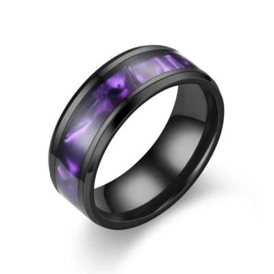 8 mm Black Stainless Steel Purple Haze Inlay Engagement Wedding Ring Size 7 - 12 - Image 1 of 3