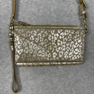 Lodis Tan Silver Leopard Print Envelope Crossbody Wallet Wristlet Suede - Picture 1 of 12