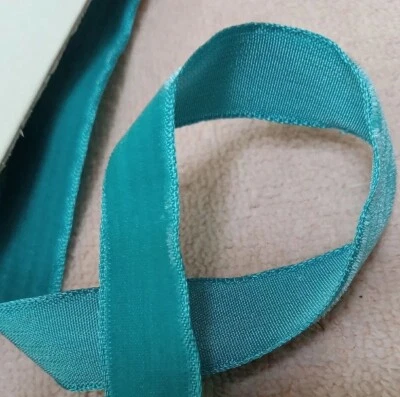 RIBBON VELVET 10 Yds. Vtg.5/8 "~ TEAL~ TAFFETA Back Woven Edge 100% Rayon FRANCE - Image 1 of 4
