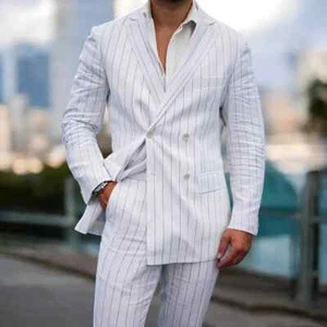 Men's Two-Piece White Striped Suit – Elegant, Tailored Formalwear Party Wear - Picture 1 of 5