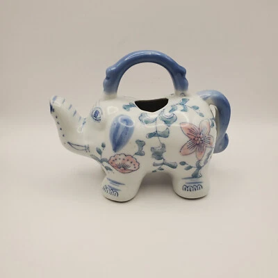 Small Ceramic Elephant Creamer in White, Pink and Blue, NO LID - Image 1 of 4