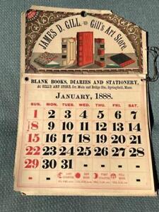 1888 Gill's Art Store Hanging Calendar Springfield Massachusetts Complete
