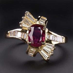 RUBY DIAMOND COCKTAIL RING 18k YELLOW GOLD NATURAL BYPASS OVAL BAGUETTE ESTATE - Picture 1 of 1