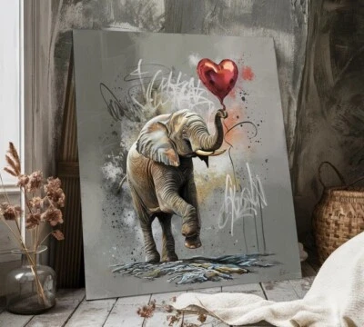 LEINWAND BILDER BIS 100x100x5 ELEFANT HERZ-LUFTBALLON BANKSY GRAFFITI STREET-ART - Bild 1 von 4