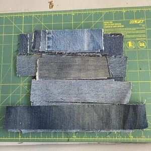 Denim Scraps Material, 2 In Strips,Crafting Sewing , As Is. 32 Pcs. Repurposed - Picture 1 of 6
