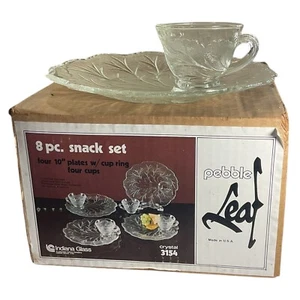 Indiana Glass Company Pebble Leaf Clear 8 Piece Set Crystal Glass Plates W/ Cups - Picture 1 of 5