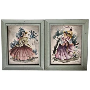 Vintage 1940s Victorian Ladies Bernard Airbrush Lithographs Prints Green Framed - Picture 1 of 8