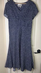 Vtg Retro Sheri Martin Blue White Polka Dot Fit Flare Dress Sz 14 Smocked Pleats - Picture 1 of 17