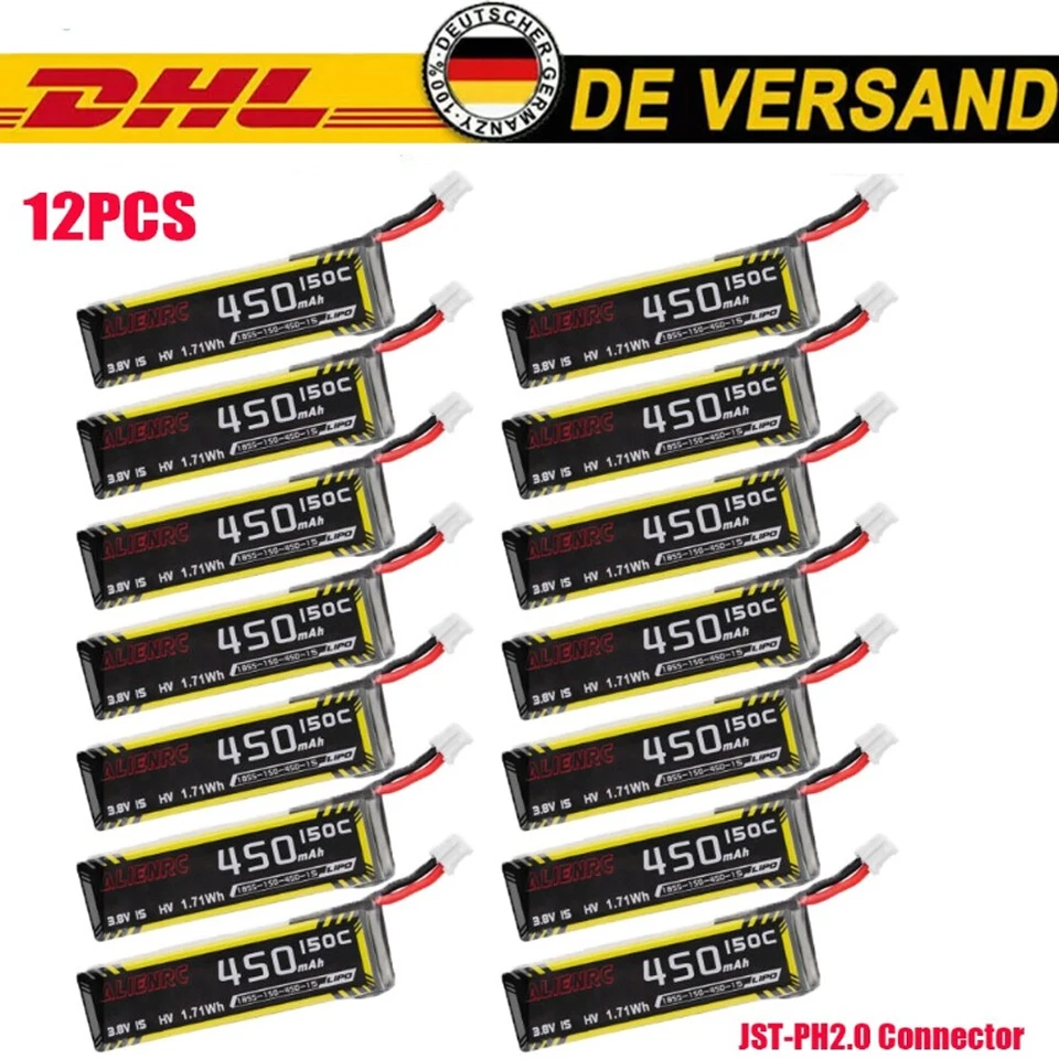 12 Stück 450 mAh Drohne Akku 3,8 V 150 C Lipo-Akku für RC Drohne Meteor75 Pro de - Bild 1 von 4