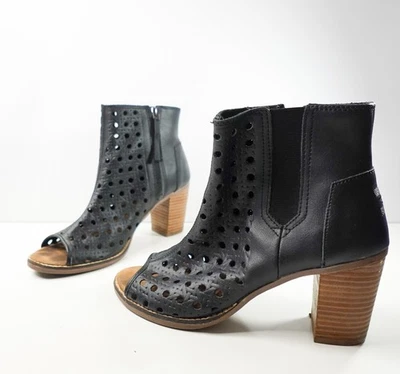 Toms Womens Ankle Boots Sz 9 Perforated Black Leather Peep Toe Shoes Block heels - Image 1 of 4