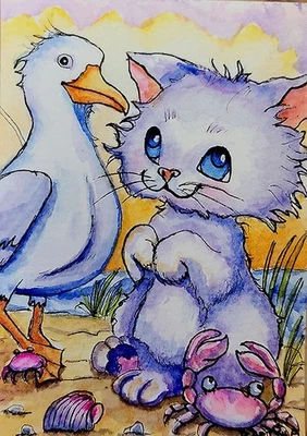 ACEO Original Gemälde OOAK - Beach Friends - Katze - Bartshe - Bild 1 von 2