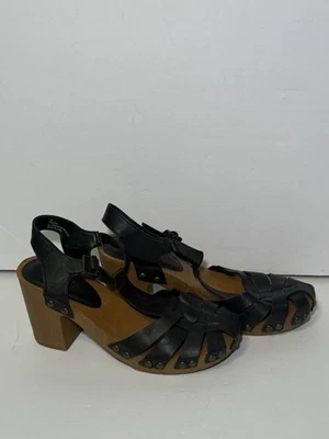Sandalias Y2K Cuero Negro Tacón Bloque Punta Cerrada Mules Suela de Madera Zapatos Talla 7 Foto 1 de 4