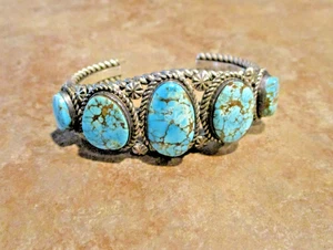 DRAMATIC !!  Vintage Navajo Sterling Silver PREMIUM SPIDERWEB TURQUOISE Bracelet - Picture 1 of 14