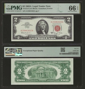 USA $2 Dollars 1963-A, Fr# 1514, AA Block, PMG 66 EPQ Gem UNC, Red Seal - Picture 1 of 1