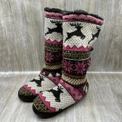 Muk Luks Tall Slipper Boots Women 6.5-7.5 Reindeer Christmas Faux Fur Lined Knit - Image 1 of 4