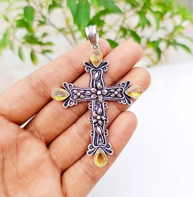 Yellow Topaz Cross Pendant 925 Sterling Silver Handmade Gemstone Jewelry 2.83" - Image 1 of 4
