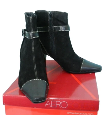 Vtg. AEROSOLES  Black Suede Contrast Stitching Ankle Kitten Heel Boots 7M, NEW - Image 1 of 4