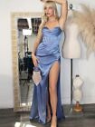 Women Party Slim Prom Evening Dress Sexy High Waist Slit Satin Solid Color Dress