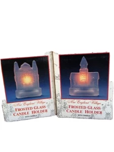 Vintage New England Village Frosted Glass Candle Holder LOT OF 2 CHURCHES Taiwan - Picture 1 of 4