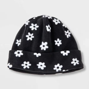 Cat & Jack Fleece Black & White Floral Print Beanie One Size NWT - Picture 1 of 1