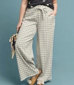 NEW Anthropologie Cream Windowpane Linen Plaid Wide Leg Pant Size 8 NWT - Picture 1 of 9
