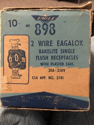 Lot 3. Vintage Eagle #898 Eagalok 2 Wire- 20A Bakelite Single Flush Receptacles - Image 1 of 4