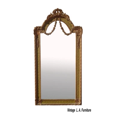 Antique French Louis XVI Green & Gold Wall Mantle Mirror w Swaged Floral Accents - Image 1 of 4
