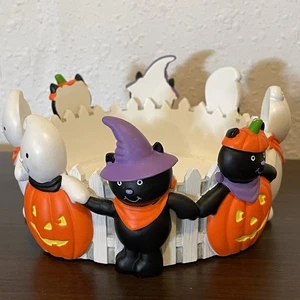 HALLMARK Halloween Gato Negro Bruja Fantasma Piquete Cerca Tarro Candelabro Anillo - Imagen 1 de 4