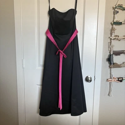 Alfred Angelo strapless black satin tea midi length dress w/ pink ribbon size 6 - Image 1 of 4