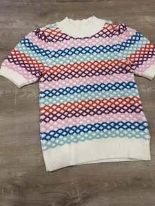 Marie Oliver Short Sleeve Sweater Medium Crochet Peplum Stripe Knit Lagenlook - Picture 1 of 12