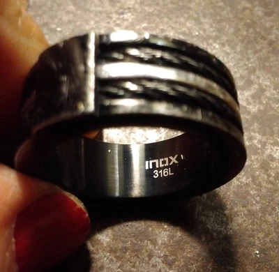 Mens INOX 316L stainless Ring Black Silver Layer Band Ring Spinner Ring Sz 10.5 - Image 1 of 4