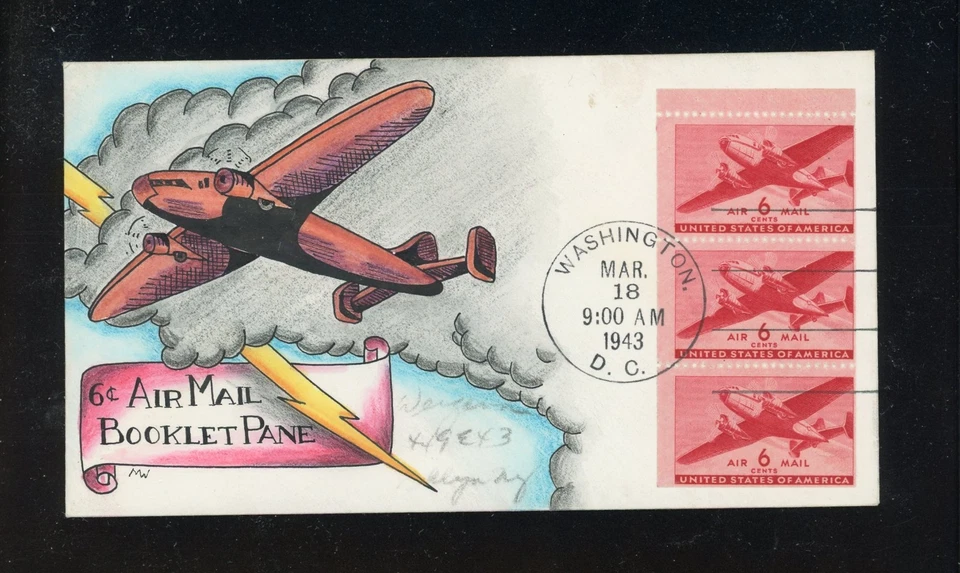 US #C25a 3/18/43 FDC DOROTHY KNAPP HAND DRAWN AND PAINTED CACHET FOR WEIGAND - Image 1 of 1