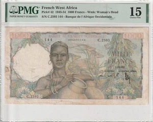 French West Africa 1000 Francs Banknote 1951 Ch Fine Grade-15-PMG P#42 "Scarce" - Picture 1 of 2