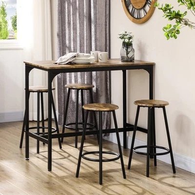 5-Piece Pub Table and Chair Set – Rustic Brown Dining Bar Set with Metal Frame - Image 1 of 4