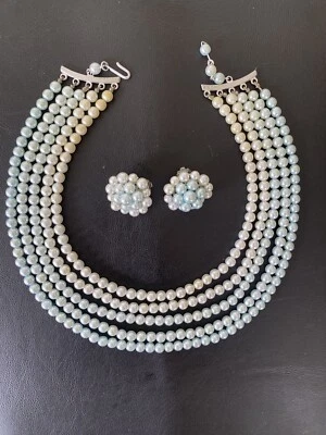 VTG 5 Strands Faux Pearl Necklace and Clip On Cluster Earring Set Tints of Blue - Image 1 of 4