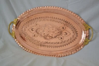 Copper Hand Embroidered Beverage Serving Tray with Brass Handles Traditional - Image 1 of 4