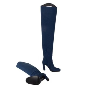 Stivali sopra il ginocchio Burberry Shoreditch blu denim dettaglio oblò taglia: 39/9 - Foto 1 di 3