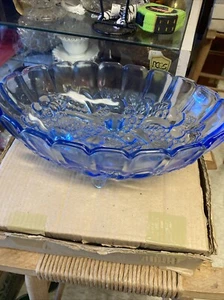 Vtg Indiana Glass HTF Blue Oval Floral Fruit Garland MCM Footed Console Bowl 12” - Picture 1 of 5