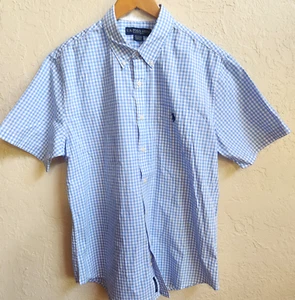 U S Polo Assn Shirt Mens Large Blue White Check Cotton Blend Short Sleeve - Picture 1 of 12
