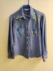 Vintage Hang Ten By Charlie's Girls Denim Embroidered Top 1970's Hippie Gemini - Picture 1 of 21