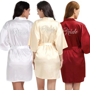 Bride Bridesmaid Robe Glittering Short Silky Satin Robe for Wedding Bridal Party - Picture 1 of 20